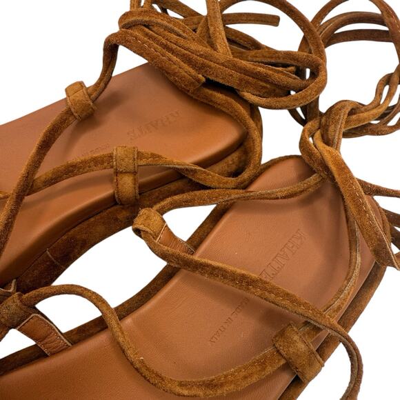 KHAITE Alba Brown Suede Leather Trimmed Strappy Tie Up Ankle Sandals Size 37 - Picture 8 of 15